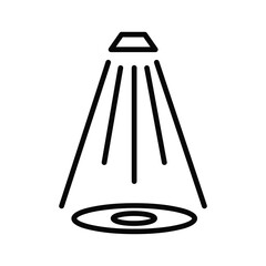 Simple black line icon representing a spotlight shining down onto a circular illuminated area, isolated on
