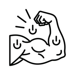 Simple black and white line art icon of a flexing bicep muscle with a happy face expression, isolated on