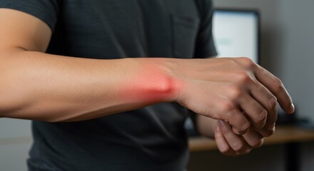 Obraz premium Close-up of a person's arm with a reddened wrist, possibly indicating pain or injury