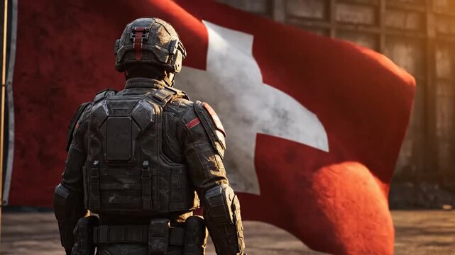 soldier standing guard in front of swiss flag waving in warm sunlight