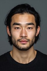 Obraz premium Portrait of Young Asian Man with Center-Parted Hair on Plain Background