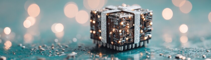A unique gift box made from circuit boards, adorned with a silver ribbon, set against a blurred, sparkling background, Christmas hologram with AI