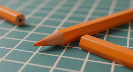 Close-up of orange pencils on a teal grid surface, showing the sharpened point and hexagonal shape