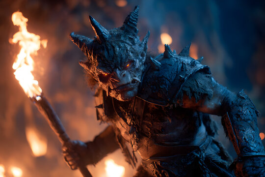 Fierce demon goblin chieftain with muscular build and tribal armor in fiery setting