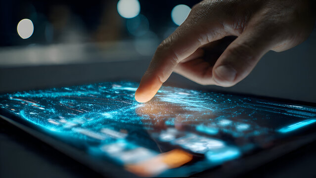 Finger Interacting with Glowing Data Visualization on Tablet Screen, Futuristic Technology