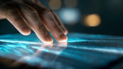 Human Hand Interacting with Futuristic Glowing Blue Digital Interface, Data Visualization