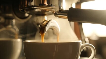 Close-up of espresso shot being brewed from coffee machine creating warm