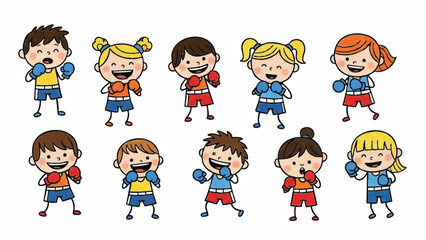 Diverse Group of Cheerful Cartoon Children Wearing Boxing Gloves