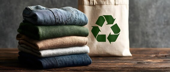 Folded clothes stacked next to a reusable bag with a recycling symbol, representing sustainable fashion, eco-friendly lifestyle, clothing reuse, textile recycling, and conscious consumer choices.