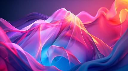 Vibrant abstract digital art featuring flowing, luminous waves of pink, purple, and blue fabric creating a dynamic, ethereal mountainlike landscape