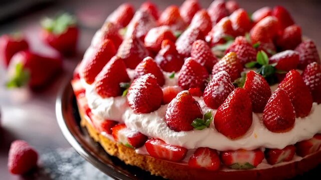 A closeup of a strawberry tart with whipped cream on top. The strawberries are vibrant red and appear freshly picked, with individual slices of ripe strawberries visible.