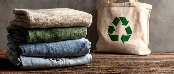 Folded clothes stacked next to a reusable bag with a recycling symbol, representing sustainable fashion, eco-friendly lifestyle, clothing reuse, textile recycling, and conscious consumer choices.