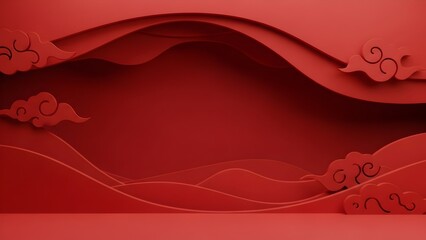 Elegant red background with layered paper cut art and traditional Asian clouds.