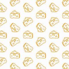 White background with stylized pieces of cheese.Vector seamless pattern with stylized pieces of cheese on a white background.
