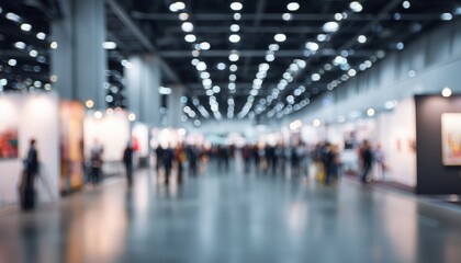Blurred Photo Of Modern Exhibition Hall With Bright Booths And Elegant Displays In A Trade Show Setting. Defocused Image.