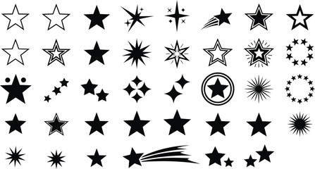 Diverse star collection black and white vector icons for design elements