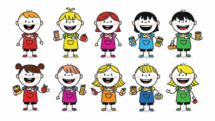 Happy Cartoon Kids Group Holding Healthy Snacks and Drinks Illustration