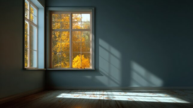 Contemporary Room with Window Overlooking Fall Forest