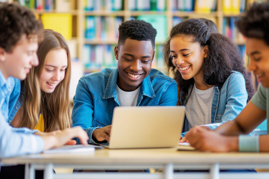 Group of students collaborating around a laptop in a modern classroom, smiling and studying together, teamwork and learning environment (PNG 9072x6048)