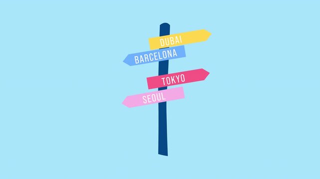 Animated travel direction sign with city pointers | 4K Loopable Alpha Channel
