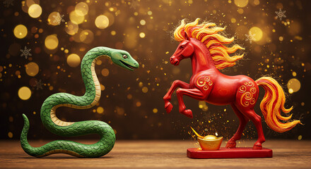 Fototapeta premium Decorative snake and horse figurines against bokeh background for year of the snake, year of the horse 