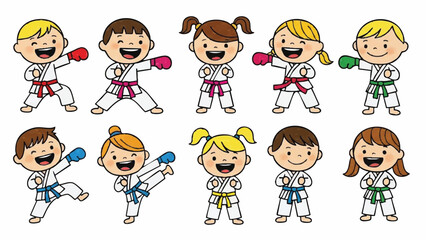 Happy Diverse Group of Cartoon Children Practicing Martial Arts Poses