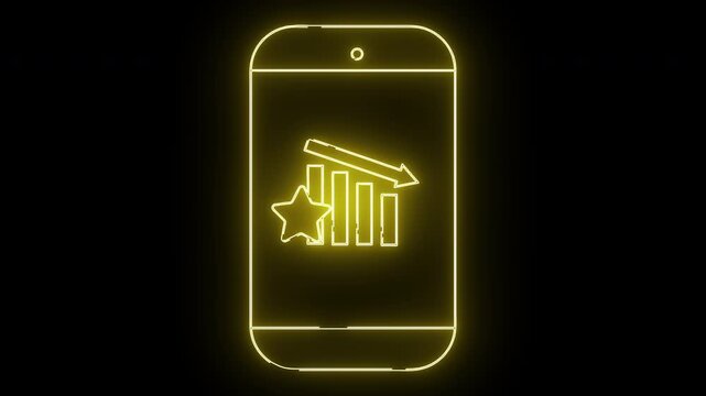 Yellow neon phone outline with a bar graph star and downward arrow on a black background