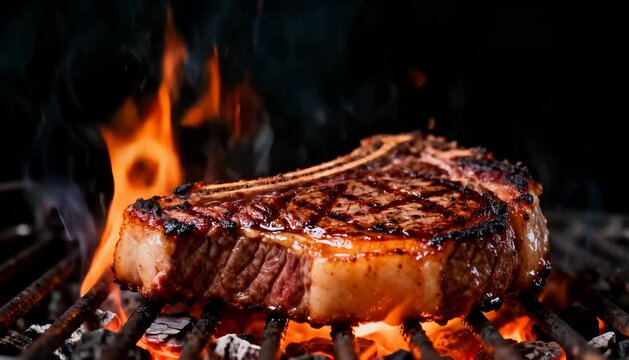 Juicy bone-in steak sizzling on a charcoal grill with flames and smoke