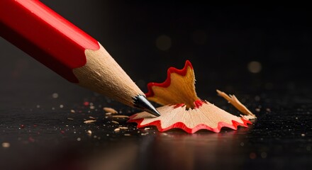 Close-up of a red pencil sharpening on a dark surface, creating wood shavings