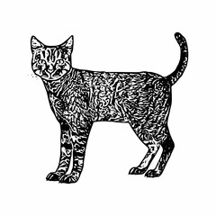 Hand-drawn standing cat with finely detailed engraved fur texture, illustrated in vintage wildlife sketch style.