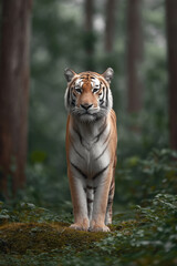 Naklejka premium Full body indian tiger standing in lush green forest, alert expression, natural habitat, majestic wildlife, vibrant fur pattern