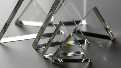 Geometric clear triangular glass prisms displaying light effects.