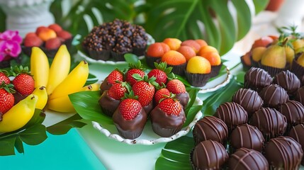 A tropical pool party with chocolate covered fruit platters