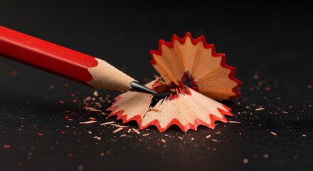 Close-up of a red pencil sharpening on black surface, shavings scattered around