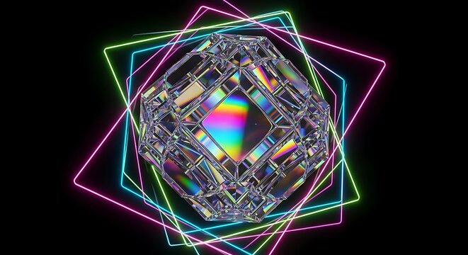 Neon Framed Crystalline Structure - Abstract Geometry - Powered by Adobe