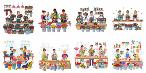 Set of eight vector illustrations depicting diverse florists arranging fresh, colorful bouquets in flower shops and studios, focusing on floral retail work.