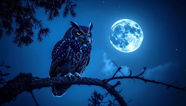 Owl Perched Under Blue Night Sky with Full Moon