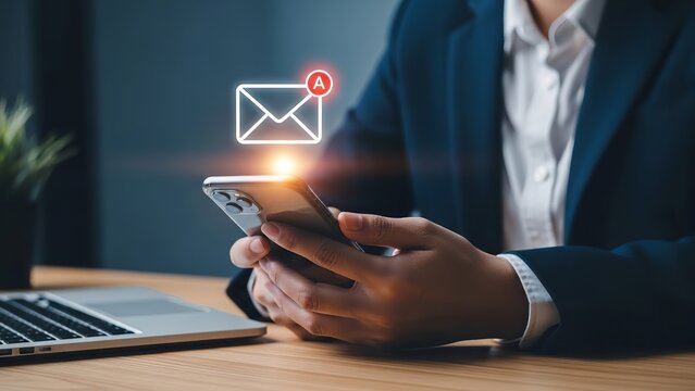 Businessman checking email on smartphone with new message notification overlay