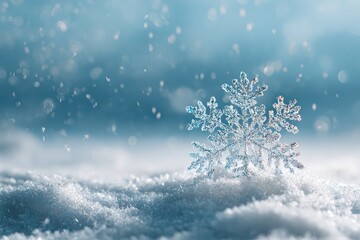 Winter Micro-Detail of Hexagonal Snowflake on Snow