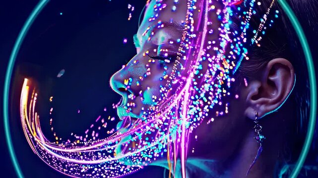Close-up woman face with glowing arcs. Futuristic rings of light move around head. Digital world surrounds woman in neural glow. Technology and cyber mind in futuristic color space.