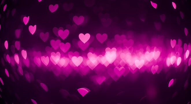 Pink heart shaped bokeh lights on dark purple background love - Powered by Adobe
