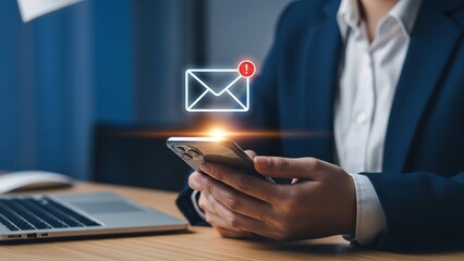 Businesswoman checks email on smartphone with new message notification icon