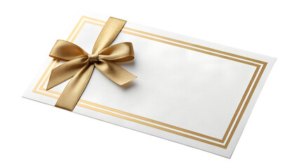 Luxurious White Gift Card with Elegant Gold Foil Borders and Satin Ribbon Bow in Minimal Studio Lighting for Premium Branding and Packaging Designs