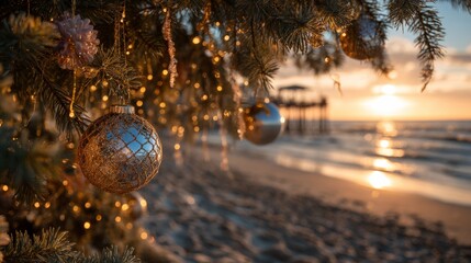 Christmas ornaments on pine tree with beach sunset