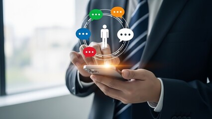 Businessman using smartphone with social media and networking communication icons