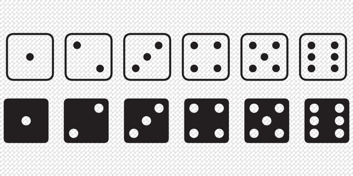 Dice Black And White Vector Illustration. Dices flat icon sets. Rolling dice. White roll cubes for gamble games, top view dice sides and falling 3D angles lucky craps. .poker gaming cube entertainment