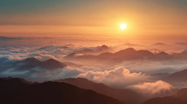 Breathtaking mountain range at sunrise above clouds