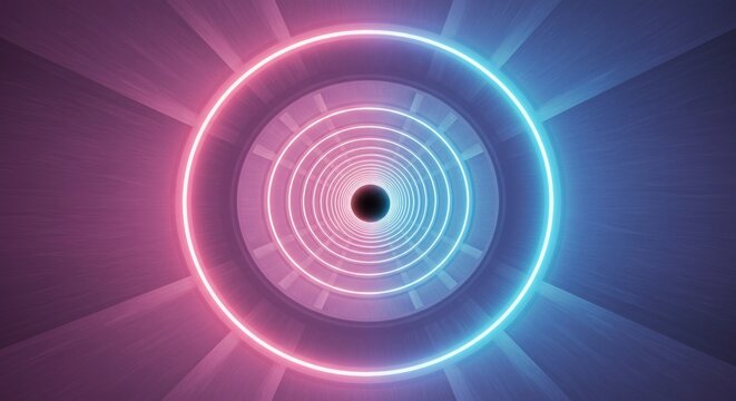Abstract tunnel design with neon rings and gradient color - Powered by Adobe