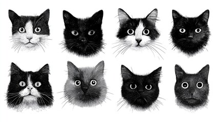 Adorable Black And White Cat Heads And Faces With A Charming Hand-Drawn Style For A Whimsical Appeal. Capture The Cuteness!