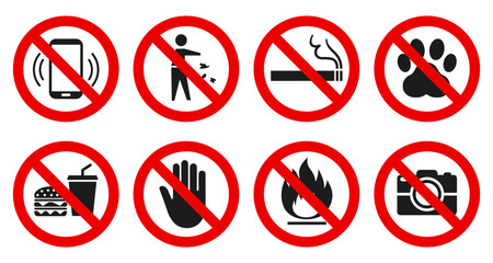 Naklejka premium Prohibited icons set: no cell phone zone, litter, smoking, pets, no eating and drinks allowed, do not touch, do not light a fire, no photography